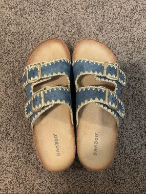 BAMBOO Double Buckle Denim-Style Sandals with Gold Trim